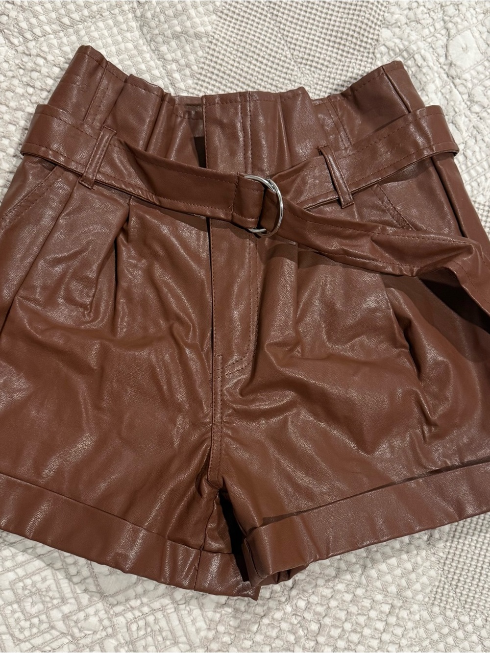 High-Waist Faux Leather Belted Shorts - Brown